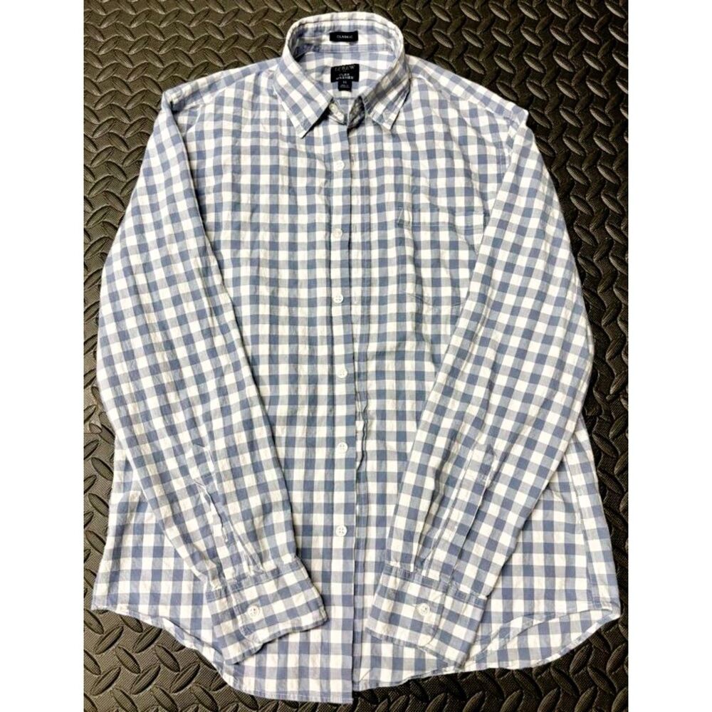 J.Crew Mens M Flex Washed Button Shirt Gray White Gingham Plaid Classic Fit
